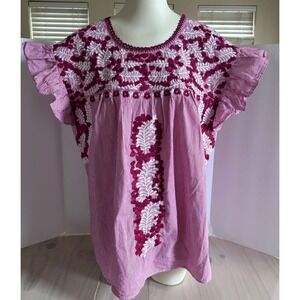 Layerz Red White Striped Embroidered Mexican Peasant Blouse 2X Flutter Sleeve